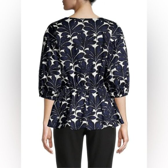 NWT DONNA KARAN SEASIDE Floral Print V neck Peplum Hem Elastic Cuffs Blouse Sz M - Picture 4 of 16
